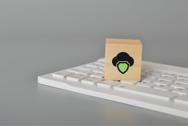 Computer keyboard with cloud protection. Cloud protection refers to the set of security measures and protocols designed to protect cloud-based systems, applications, and data from unauthorized access, theft, or other types of cyber attacks.